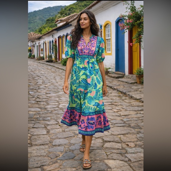 FARM Rio Dresses & Skirts - Rare!!! Anthropologie NWT Farm Rio Short-Sleeve Tiered A-Line Midi Dress size S.